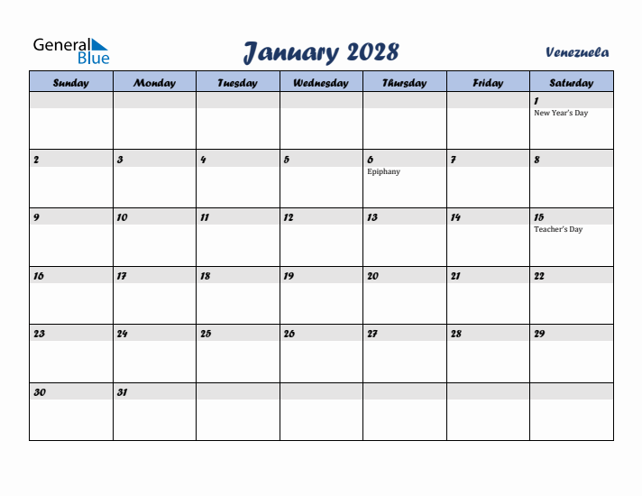 January 2028 Calendar with Holidays in Venezuela