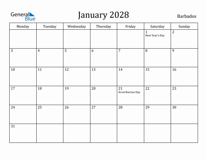 January 2028 Calendar Barbados