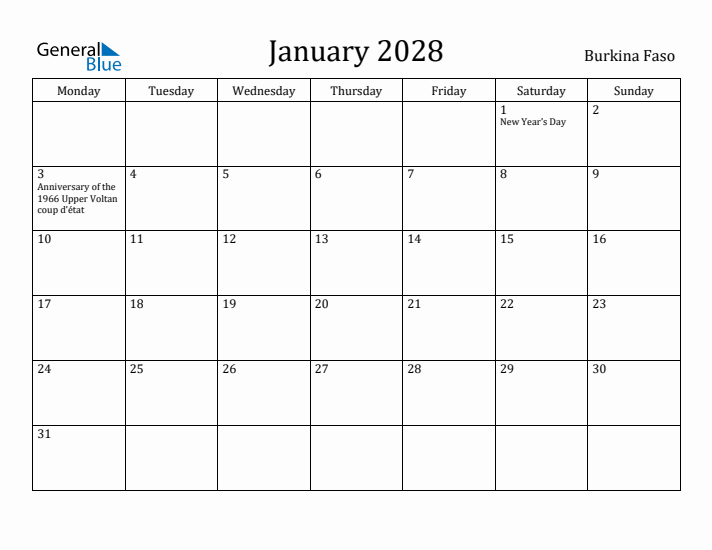 January 2028 Calendar Burkina Faso