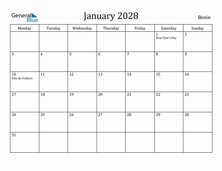 January 2028 Calendar Benin