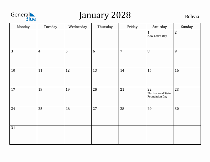 January 2028 Calendar Bolivia