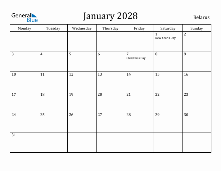 January 2028 Calendar Belarus