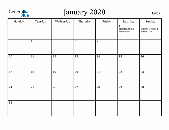 January 2028 Calendar Cuba