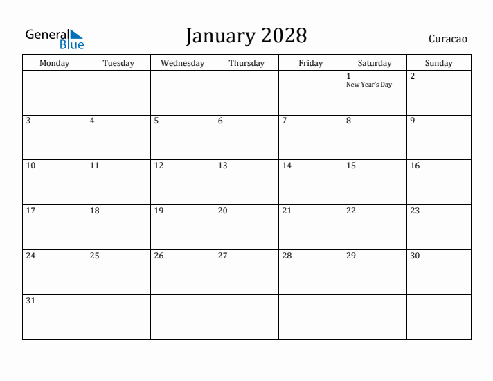 January 2028 Calendar Curacao