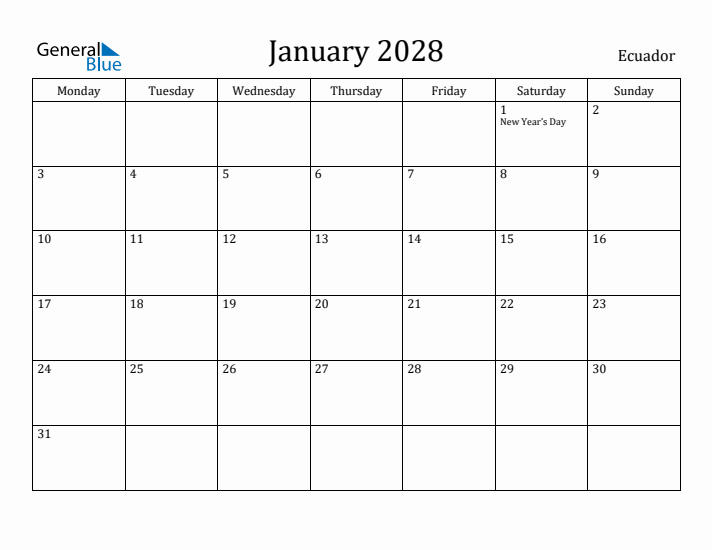 January 2028 Calendar Ecuador