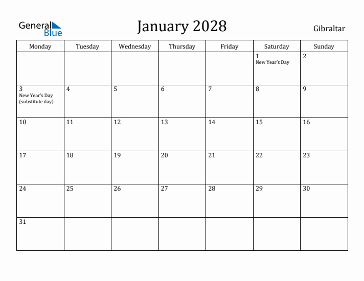 January 2028 Calendar Gibraltar