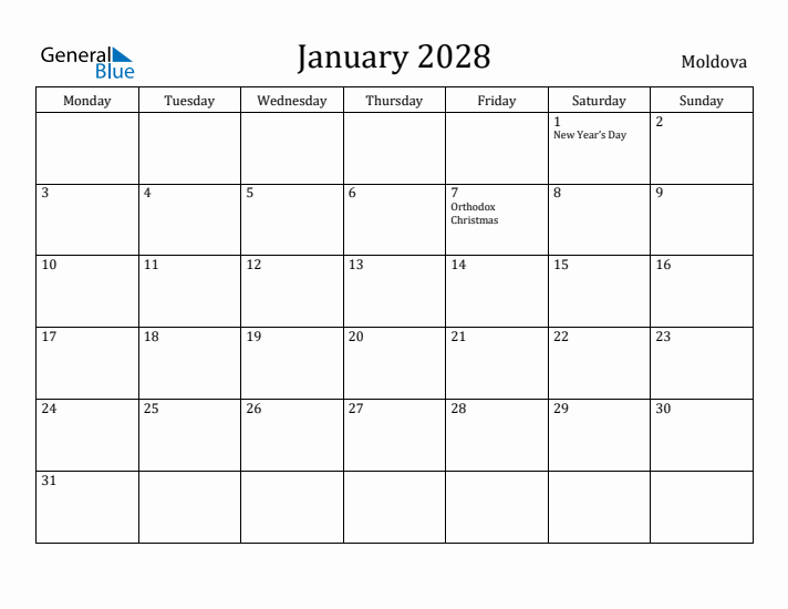 January 2028 Calendar Moldova