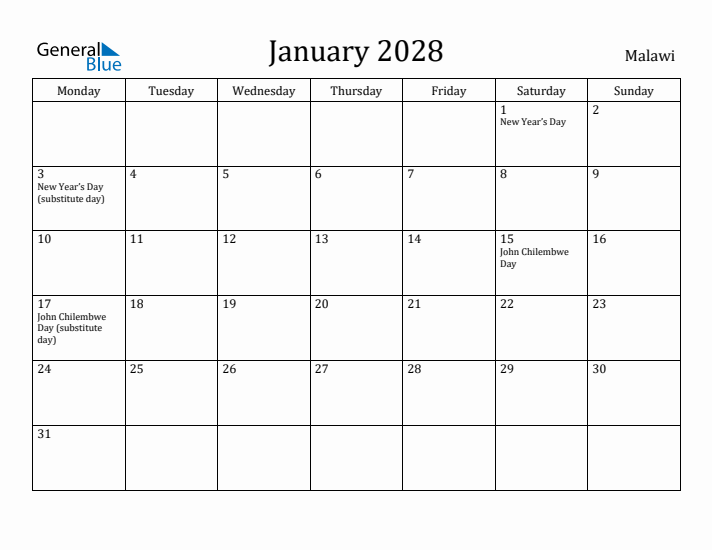 January 2028 Calendar Malawi