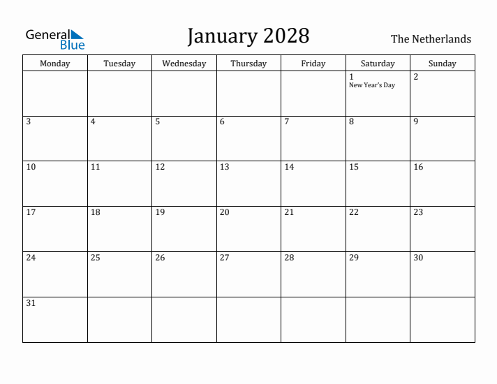 January 2028 Calendar The Netherlands