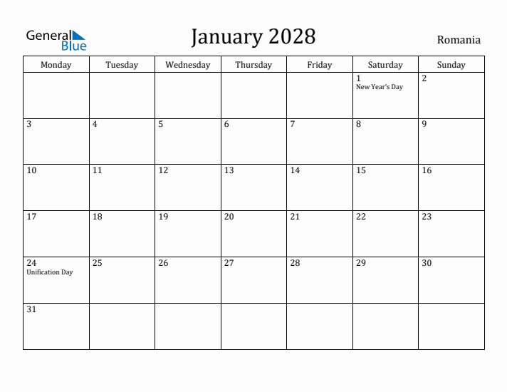 January 2028 Calendar Romania