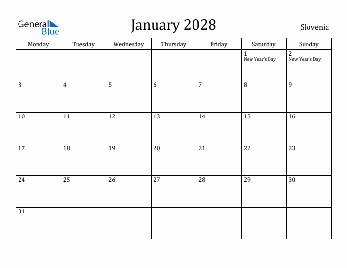 January 2028 Calendar Slovenia