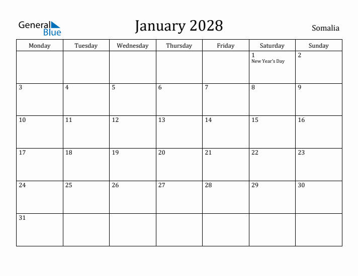 January 2028 Calendar Somalia