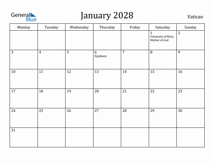 January 2028 Calendar Vatican