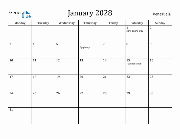 January 2028 Calendar Venezuela