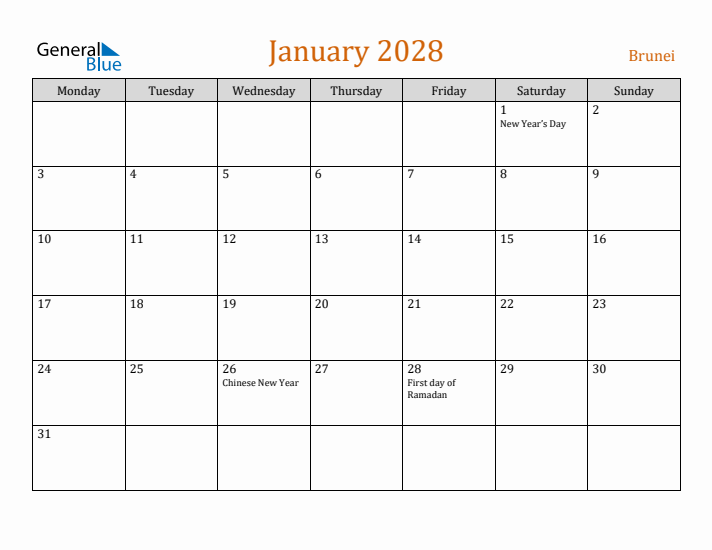 January 2028 Holiday Calendar with Monday Start