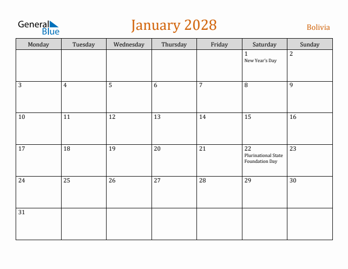 January 2028 Holiday Calendar with Monday Start