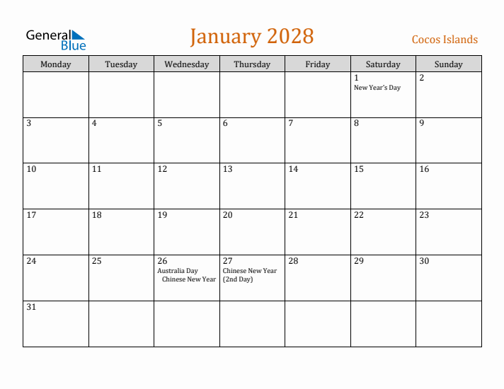 January 2028 Holiday Calendar with Monday Start