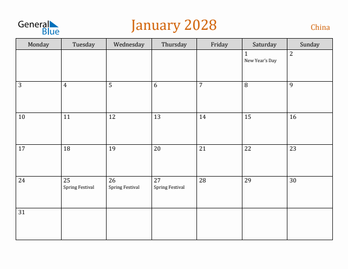 January 2028 Holiday Calendar with Monday Start