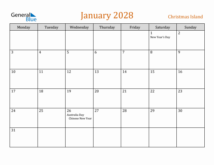 January 2028 Holiday Calendar with Monday Start