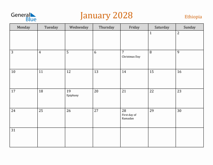 January 2028 Holiday Calendar with Monday Start