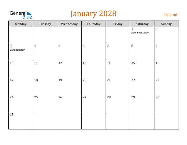 January 2028 Holiday Calendar with Monday Start