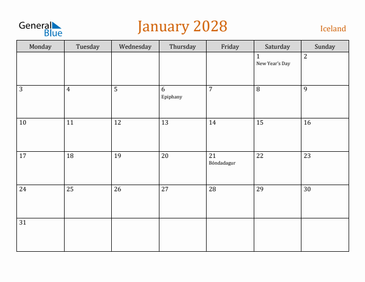 January 2028 Holiday Calendar with Monday Start