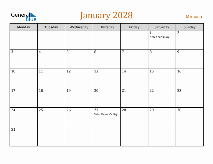 January 2028 Holiday Calendar with Monday Start