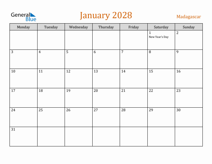 January 2028 Holiday Calendar with Monday Start