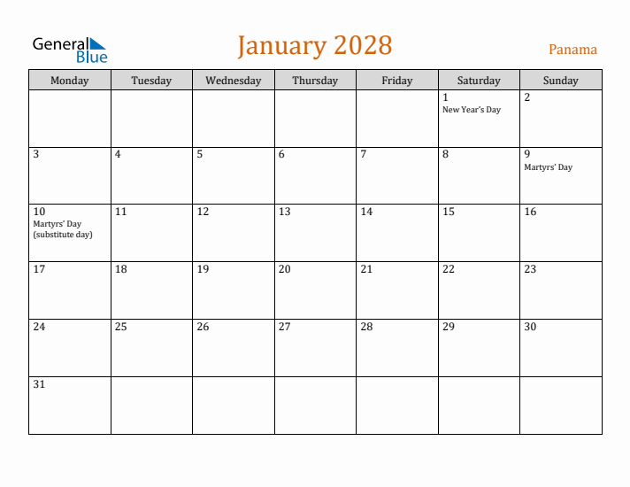 January 2028 Holiday Calendar with Monday Start