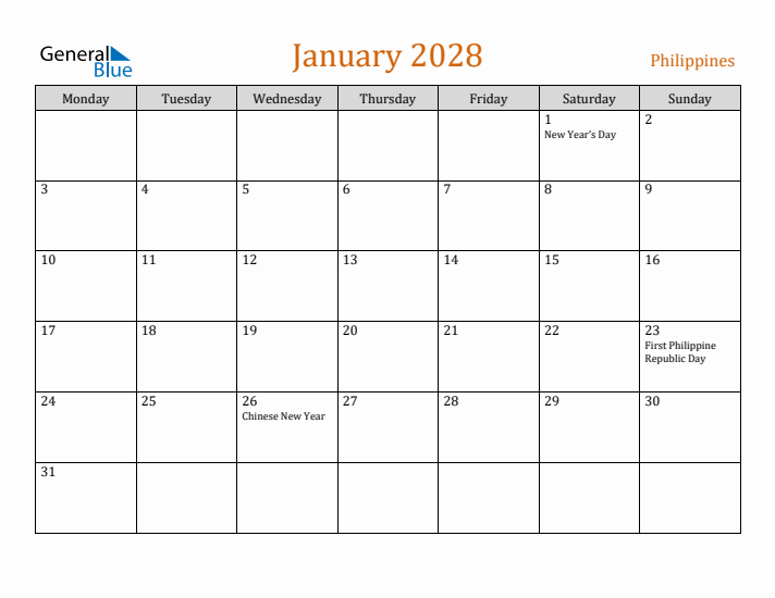 January 2028 Holiday Calendar with Monday Start