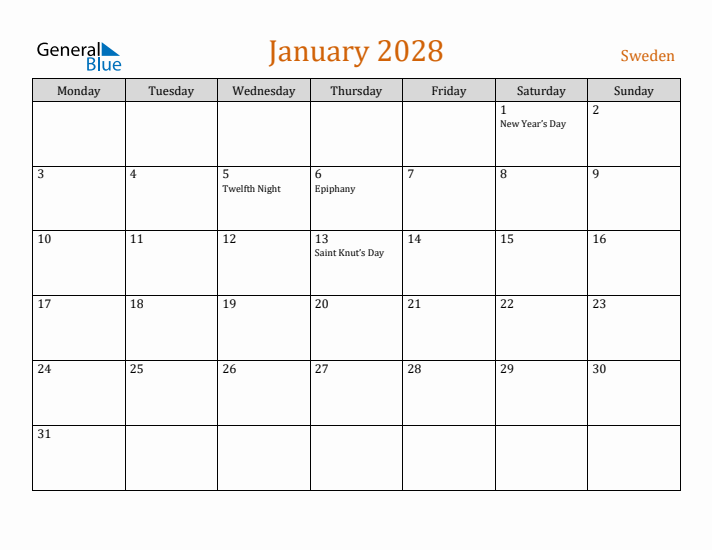 January 2028 Holiday Calendar with Monday Start