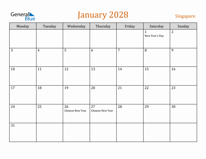 January 2028 Holiday Calendar with Monday Start