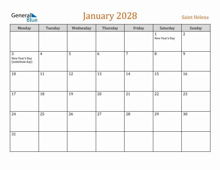 January 2028 Holiday Calendar with Monday Start