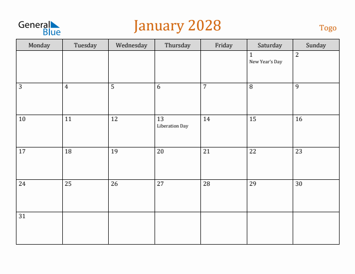 January 2028 Holiday Calendar with Monday Start