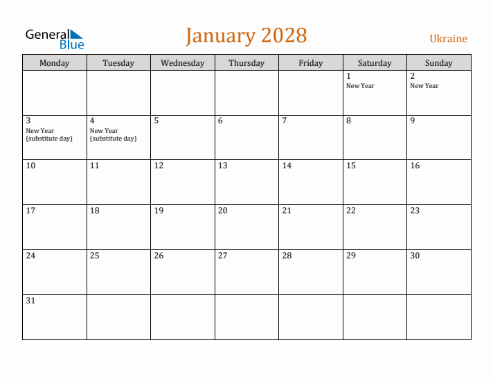 January 2028 Holiday Calendar with Monday Start