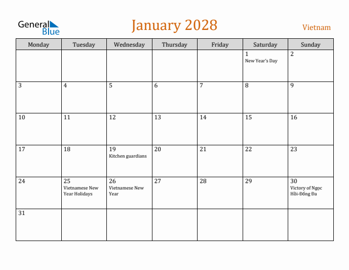 January 2028 Holiday Calendar with Monday Start