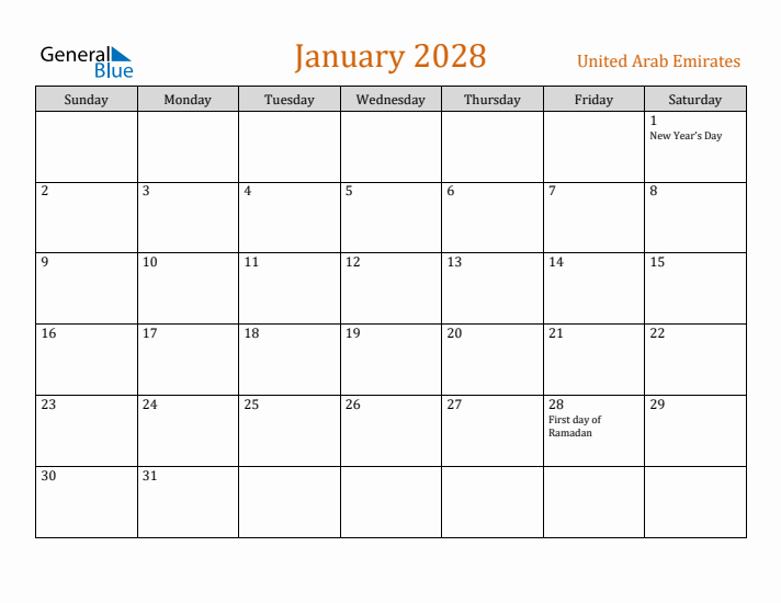 January 2028 Holiday Calendar with Sunday Start