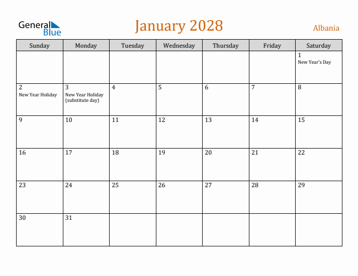 January 2028 Holiday Calendar with Sunday Start