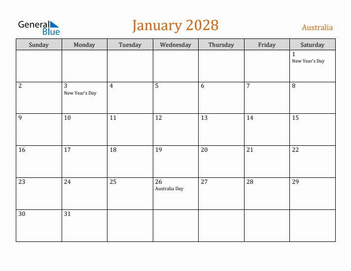 January 2028 Holiday Calendar with Sunday Start