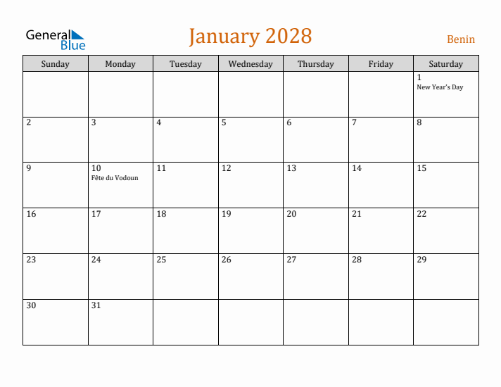 January 2028 Holiday Calendar with Sunday Start