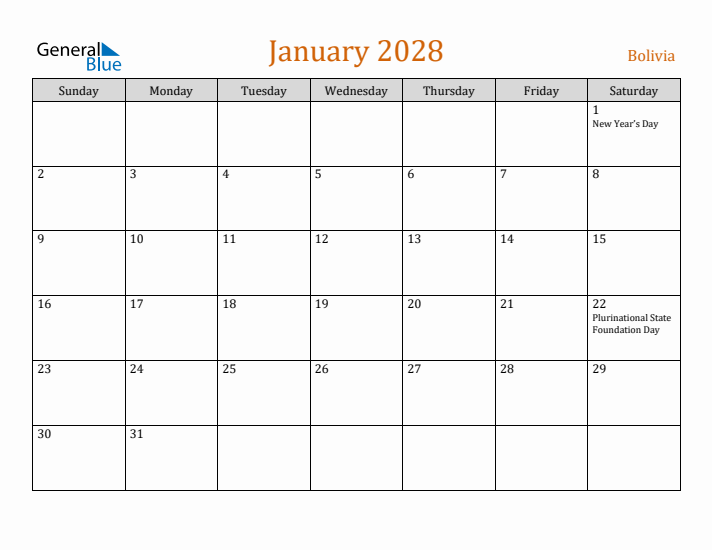 January 2028 Holiday Calendar with Sunday Start