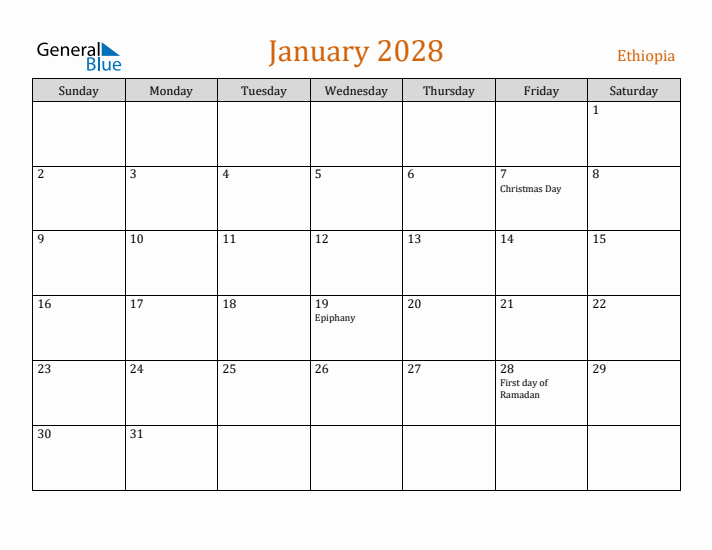 January 2028 Holiday Calendar with Sunday Start