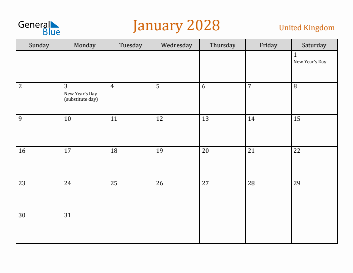 January 2028 Holiday Calendar with Sunday Start