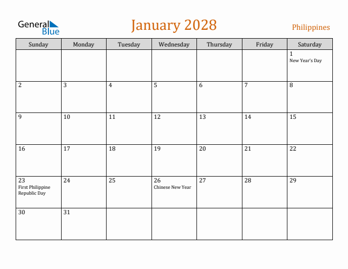 January 2028 Holiday Calendar with Sunday Start