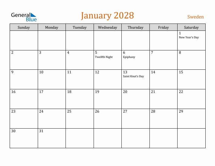 January 2028 Holiday Calendar with Sunday Start