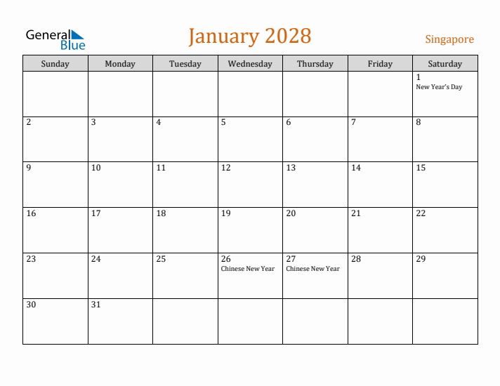 January 2028 Holiday Calendar with Sunday Start