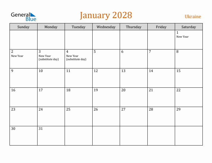 January 2028 Holiday Calendar with Sunday Start