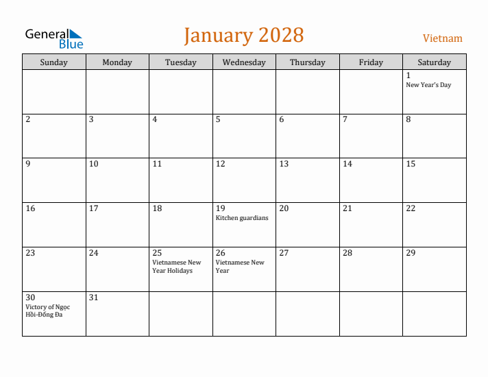 January 2028 Holiday Calendar with Sunday Start