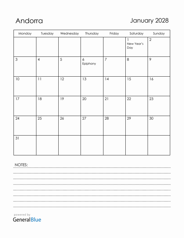 January 2028 Andorra Calendar with Holidays (Monday Start)