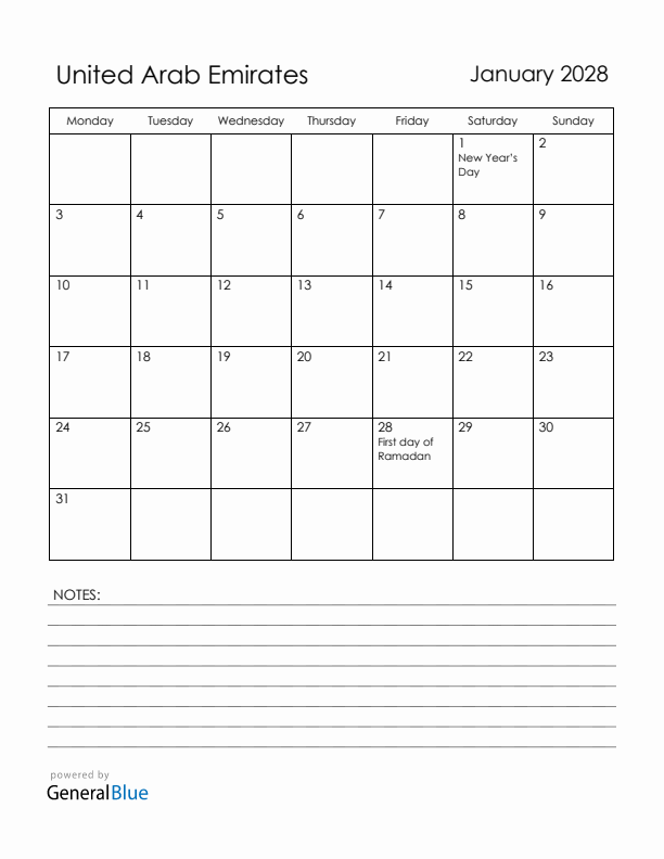 January 2028 United Arab Emirates Calendar with Holidays (Monday Start)